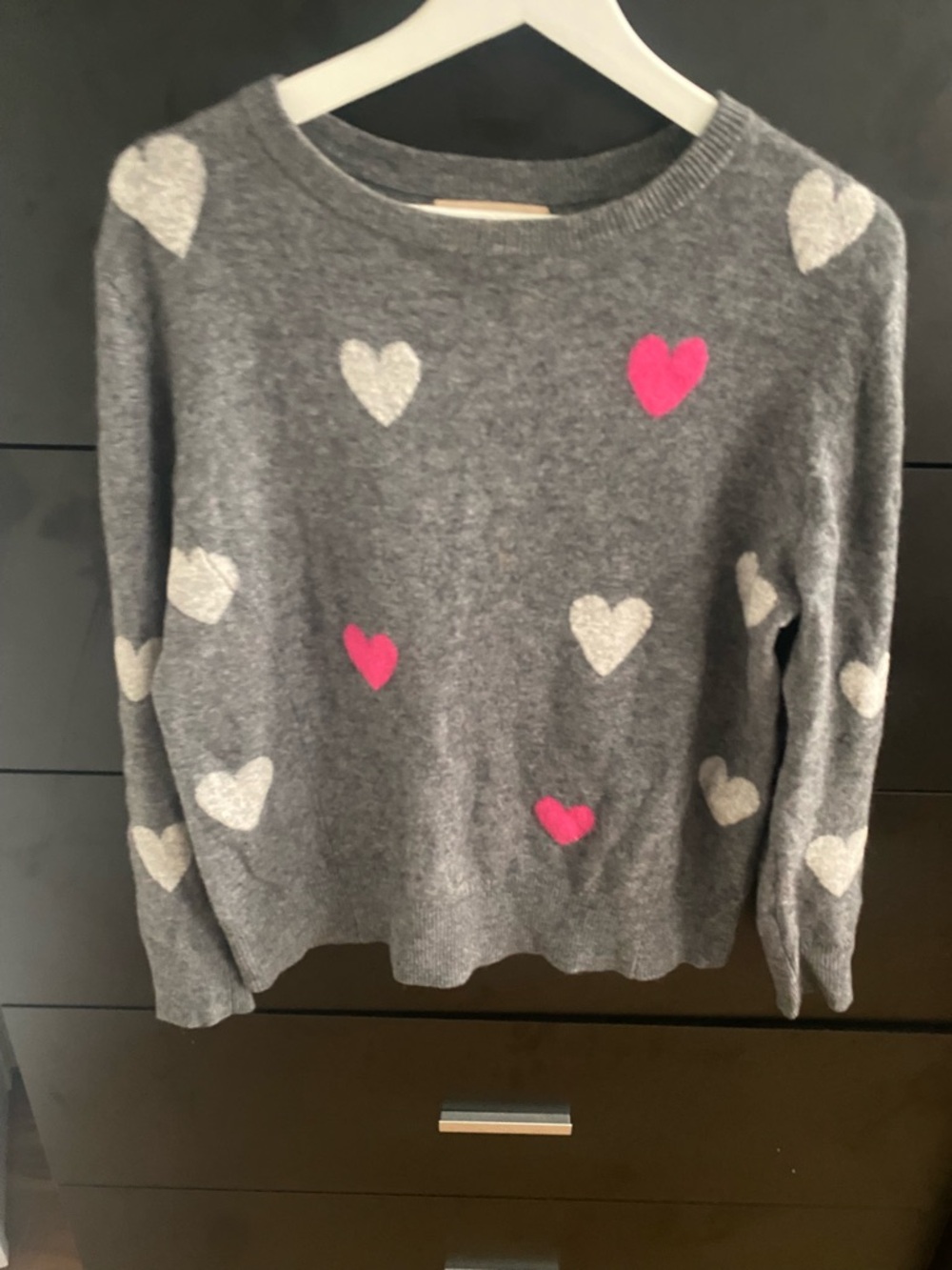 Gray Heart Pattern Crewneck cashmere Sweater with Pink Accents